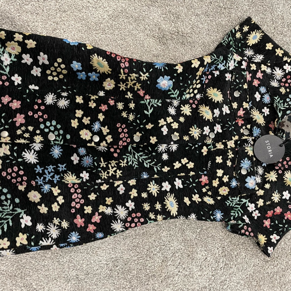 Size S, black floral dress with buttons from top to bottom. Brand new with tags